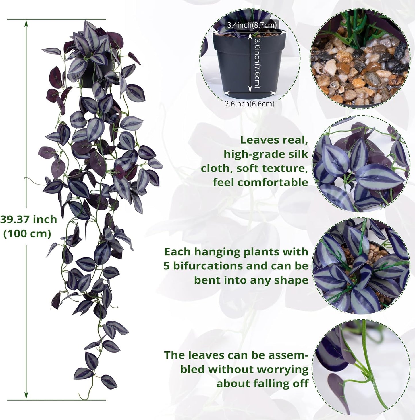 Small Fake Hanging Eyebrow Leaf Plant Artificial Potted Plants Indoor 39-in Long Faux Dark / Purple