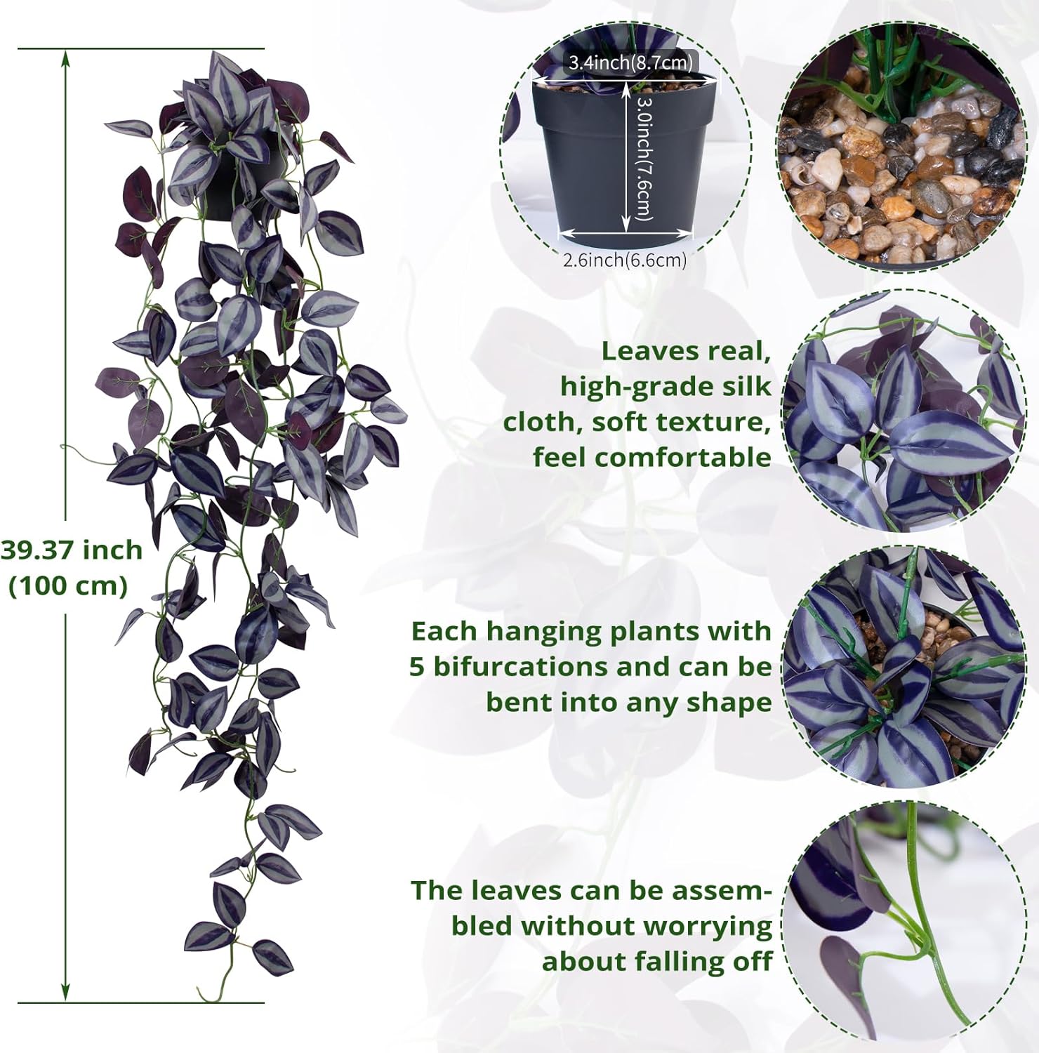 Small Fake Hanging Eyebrow Leaf Plant Artificial Potted Plants Indoor 39-in Long Faux Dark / Purple