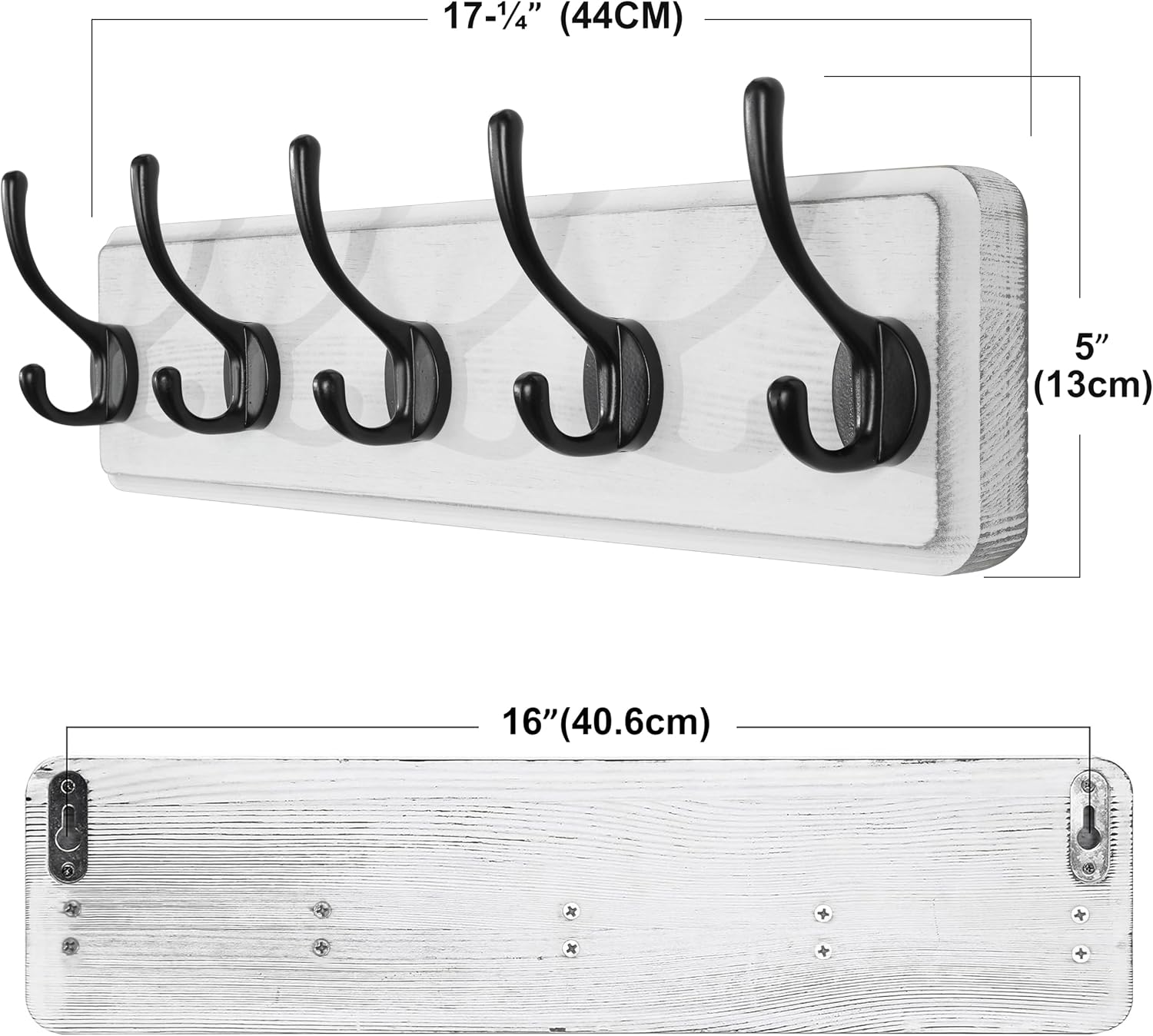 SKOLOO Rustic Wall Mounted Coat Rack, 16 inches Hole to Hole, Case of 2, Pine Solid Wood Coat Hook Hanger - 5 Hooks for