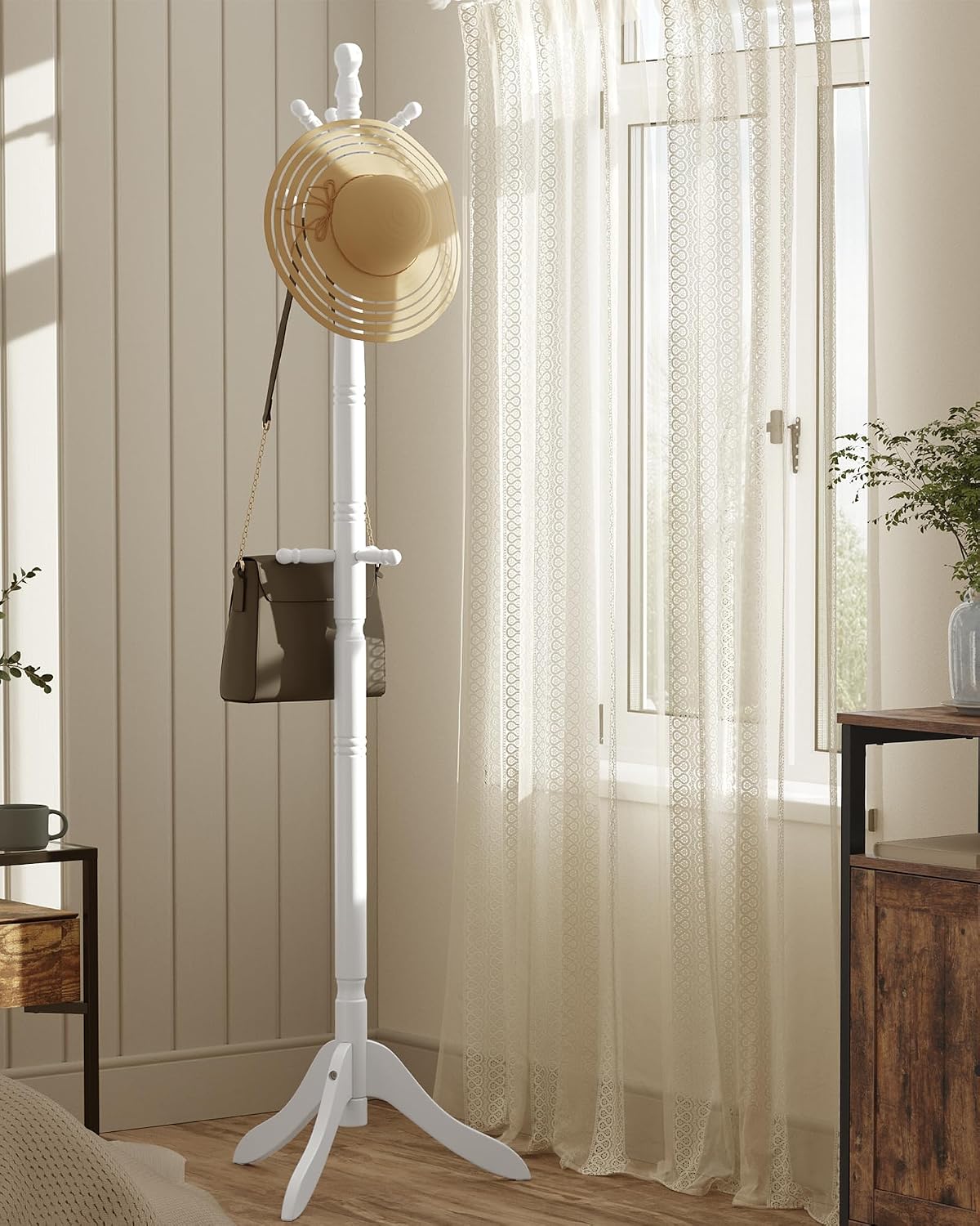 VASAGLE Solid Wood Coat Rack and Stand, Free Standing Hall Coat Tree with 10 Hooks for Hats, Bags, Purses, for