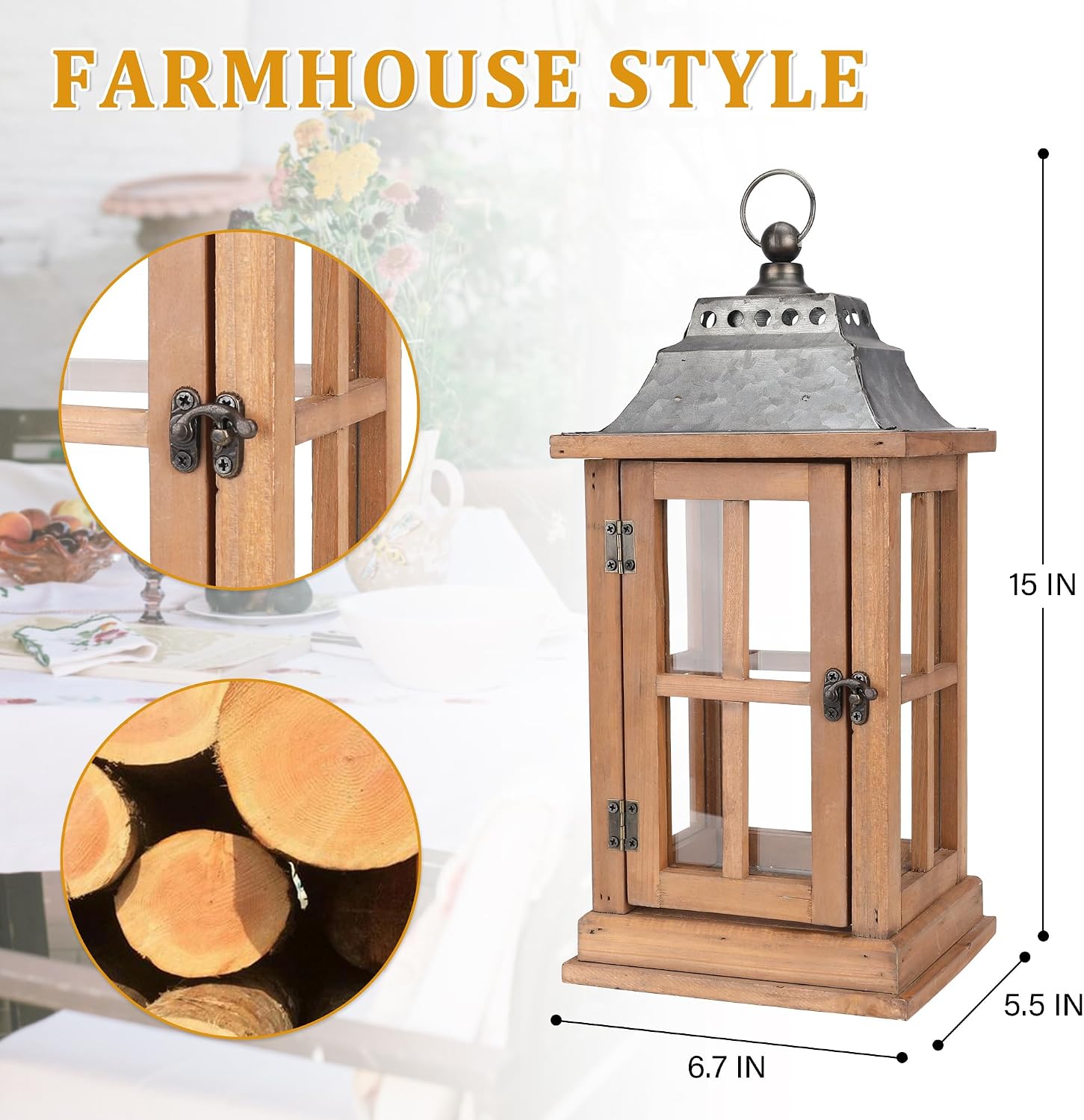 Bdor 15 Inch Outdoor Decorative Lanterns, Set of 2 Wooden Candle Lanterns | Tempered glass, galvanized tops, decorative