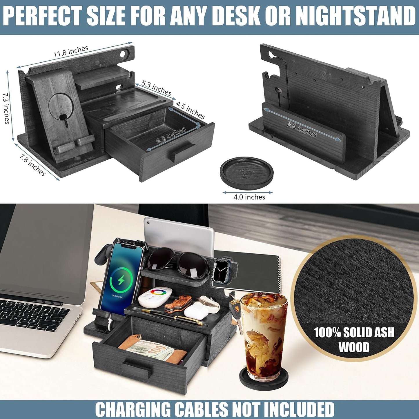 Black Wood Phone Docking Station with Drawer, Compatible with Apple Watch - Wood Charging Station Organizer Stand