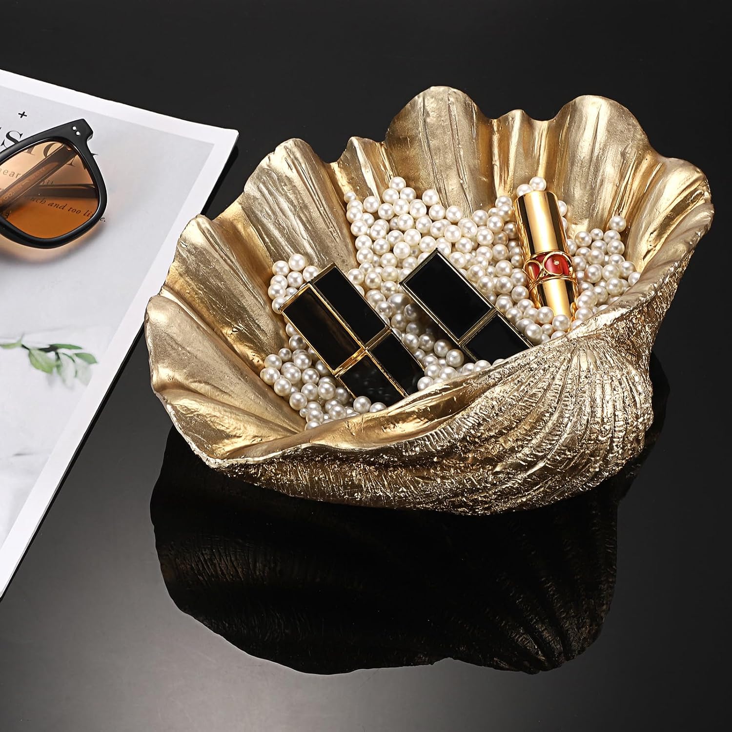 Decorative Key Bowl for Entryway Table Resin Clam Shell Bowl Coastal Beach / Gold / 9.8 x 8.3 x 3.5