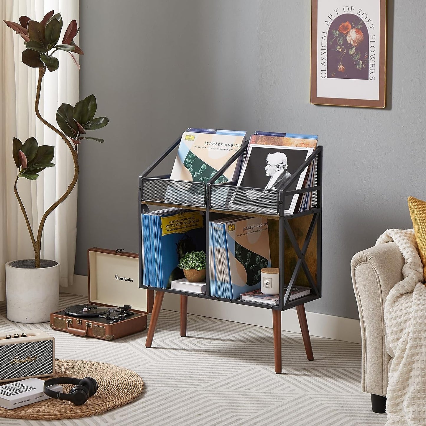 EYOCAL Vinyl Record Storage Holder Rack,250 LP Wooden Record Display Table for Albums Books Magazines Files for Living