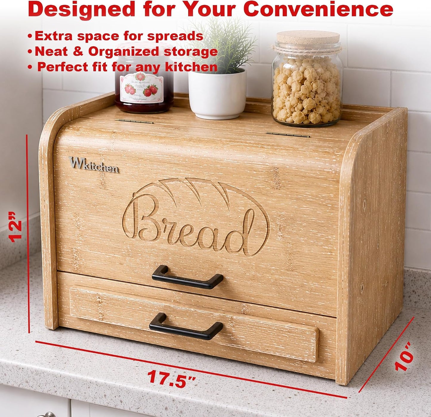 KNIFEPLANET Premium FULLY ASSEMBLED Bamboo Bread Box – Extra Large Real Wood Bread Box for Kitchen Countertop Storage