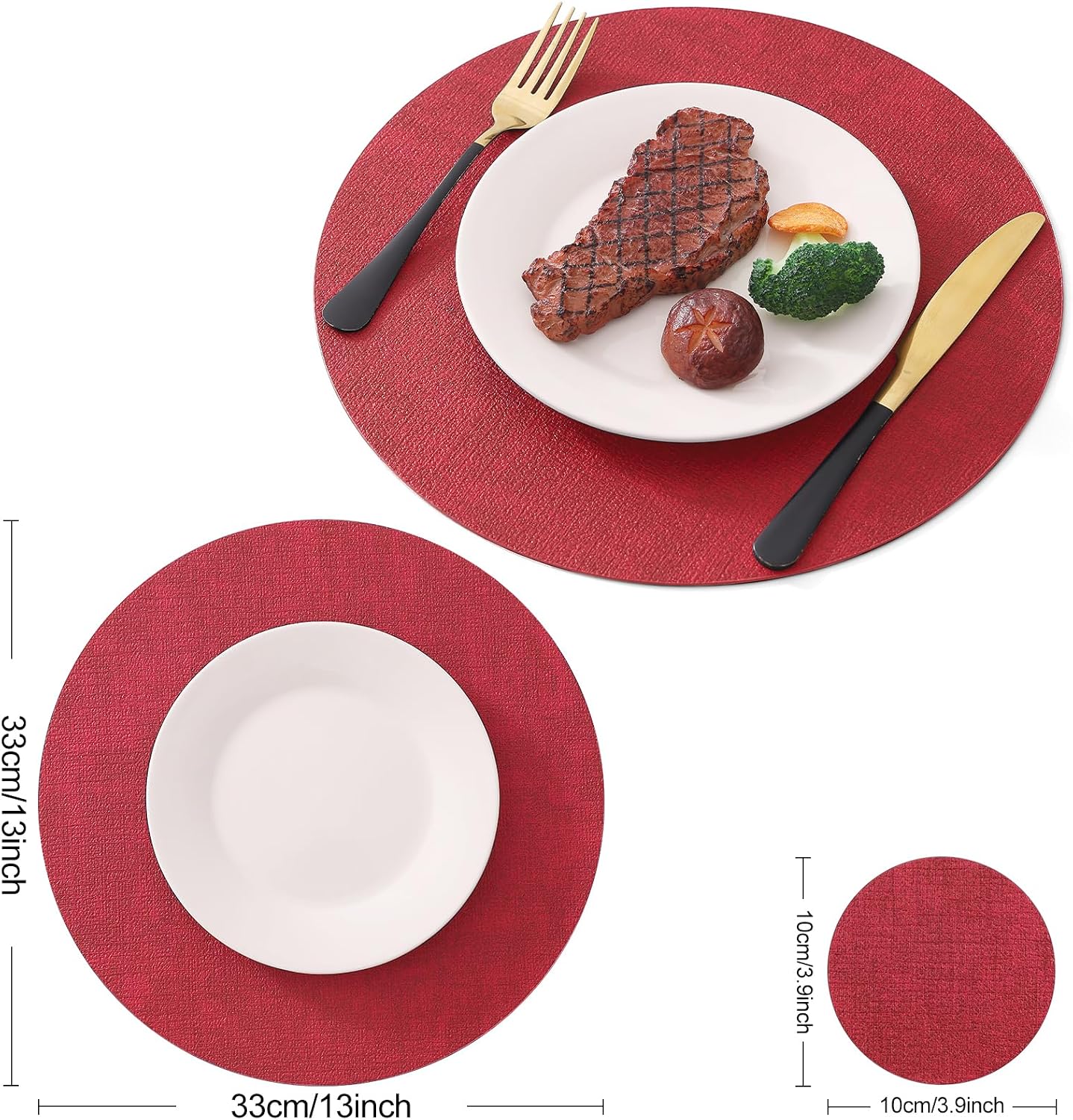 Homaxy Round Faux Leather Placemats and Coasters, Set of 8, Red | Washable Dual-side Table Mats, Wipeable Place Mats