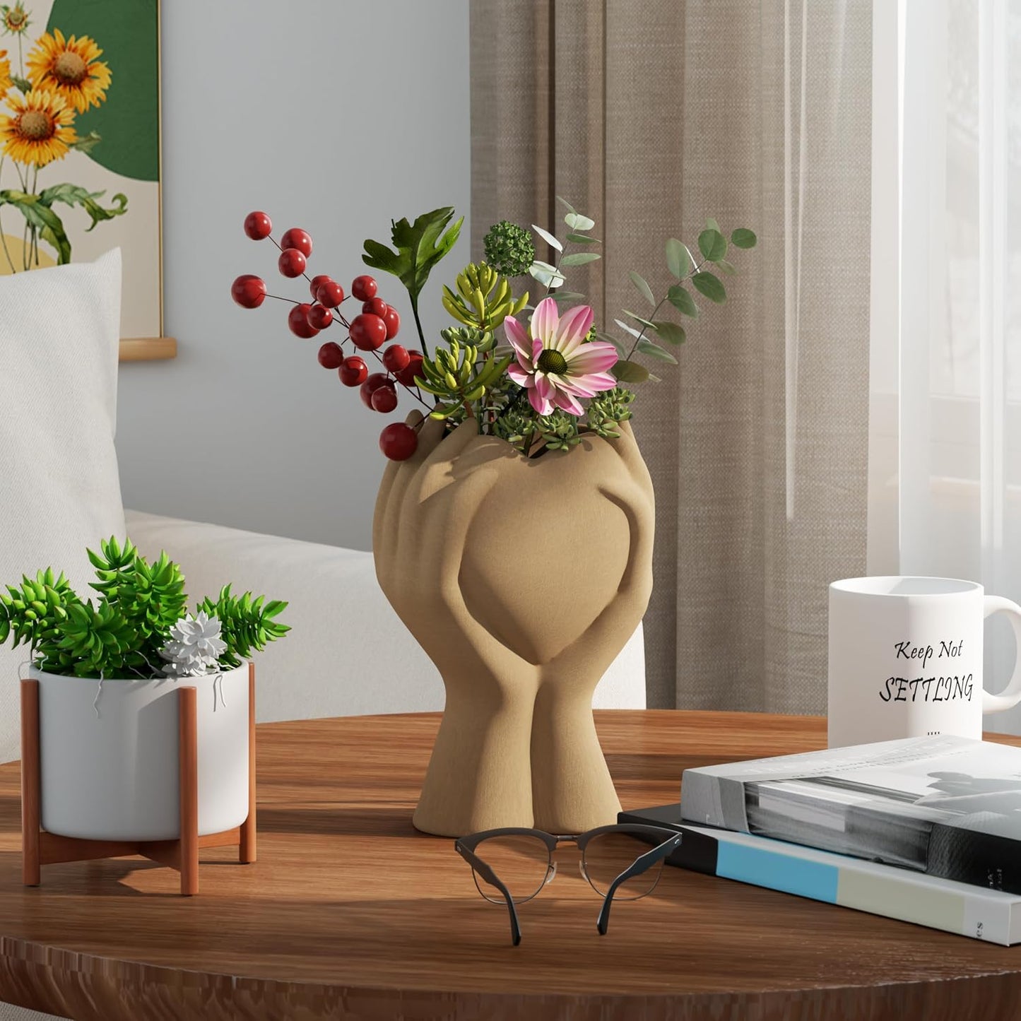 Heart Hand Ceramic Vase / Brown / 8 Inch