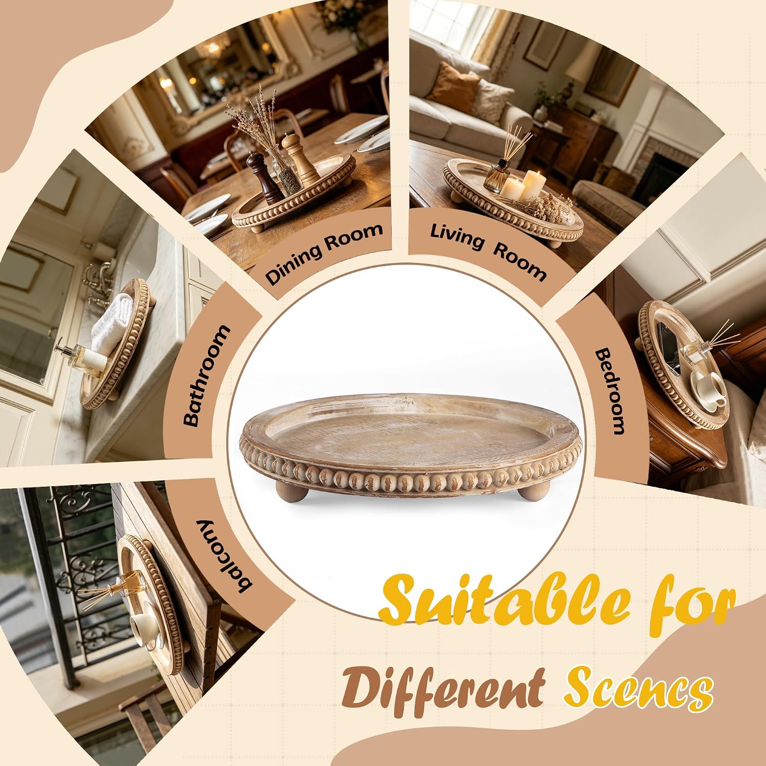 Natural Wood Beaded Tray / Brown / Round