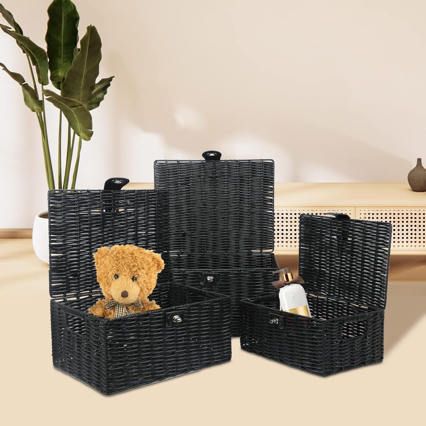 Woven Basket / Wicker Storage Baskets / Black / Set of 3