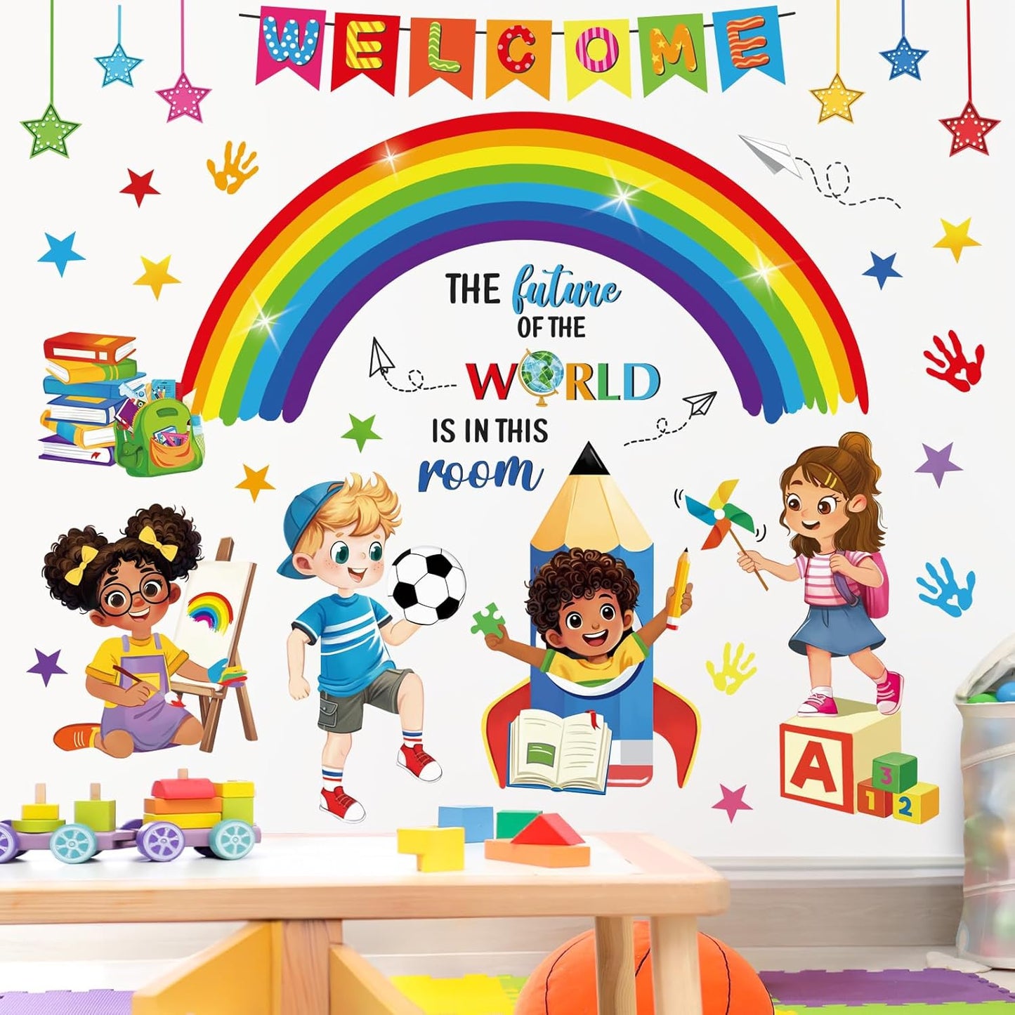 Rainbow Reading Corner Wall Decals Handprint The Future of The World Inspirational Quotes / Welcome