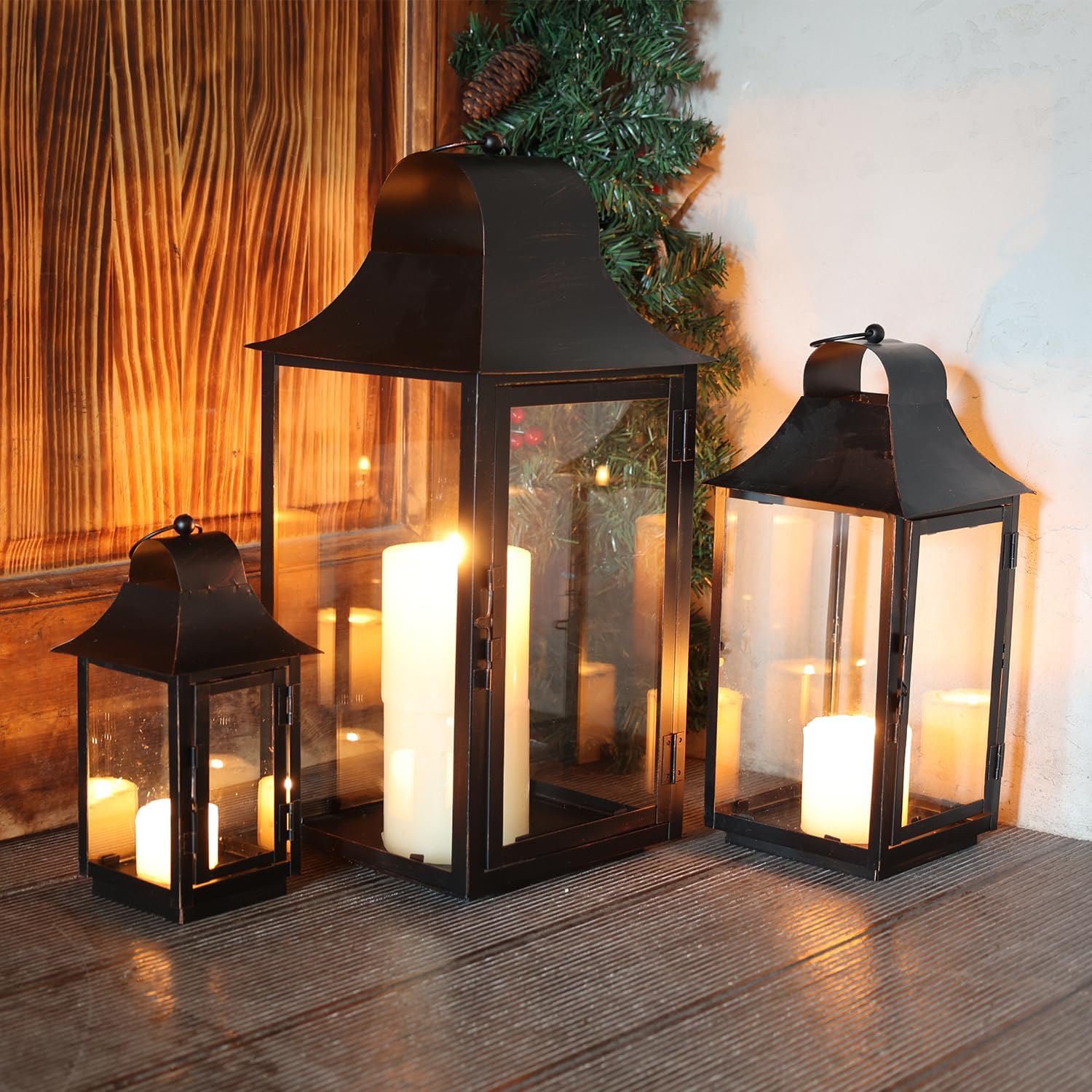 Lanterns Decorative Indoor & Outdoor, 22'' 16'' 11'' Large Candle Lanterns Decorative for Front Porch, Metal Frame