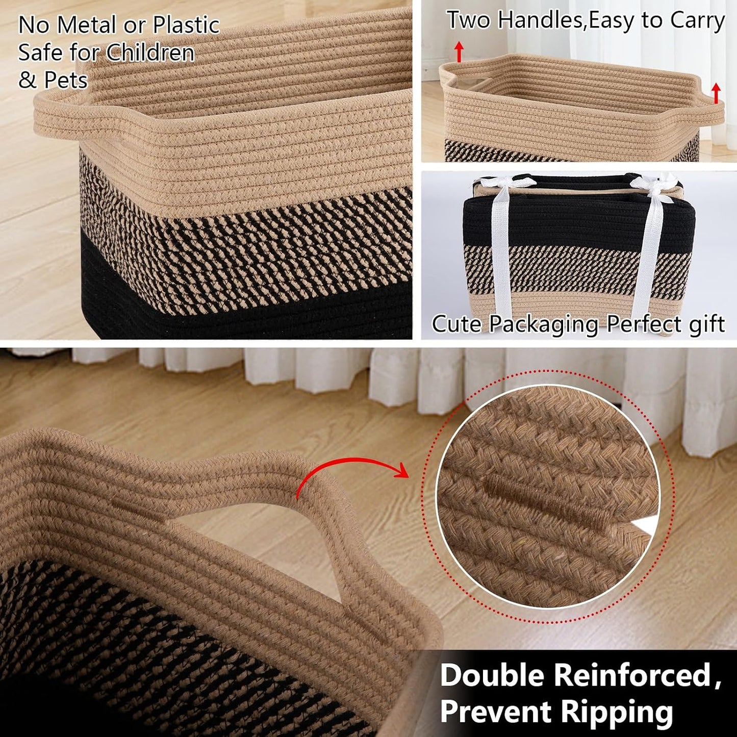Woven Baskets for Storage / Black & Brown / 13 x 9.9 x 8.7 / Set of 3