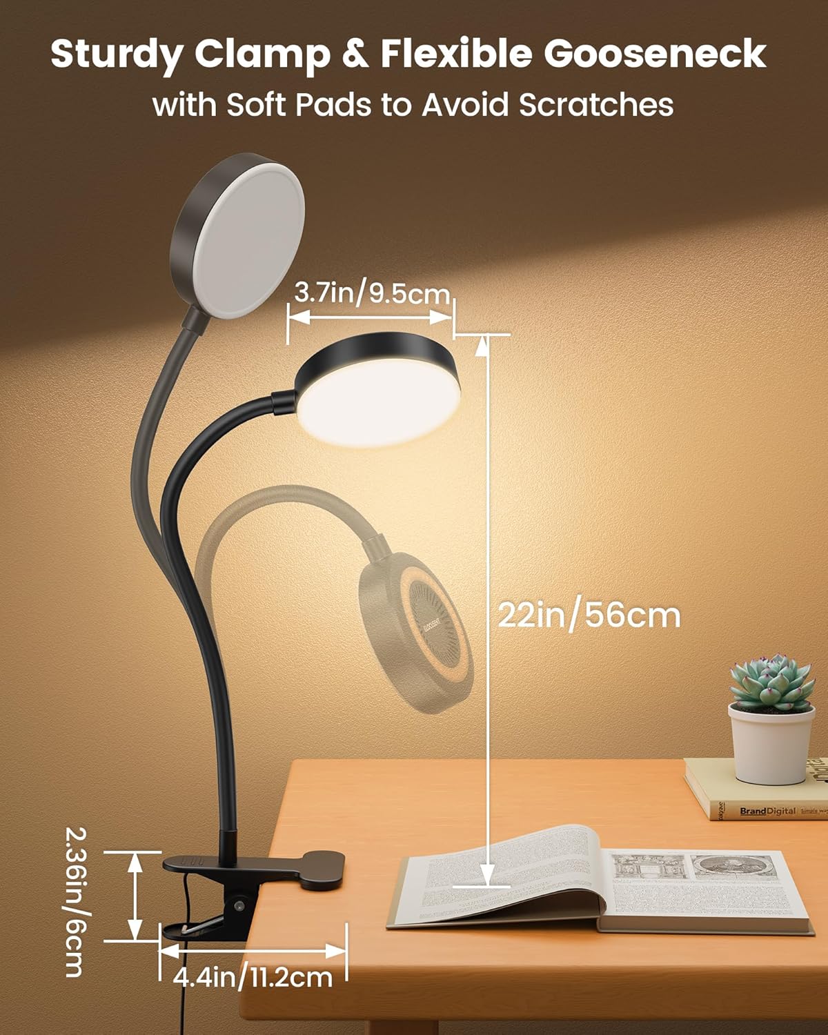 Glocusent 72 LED Clip on Lamp, Reading Lamp with Amber Ring& Amber Mode | 3 Colors & 5 Dimmable Desk Lamp, 2.75" Clamp