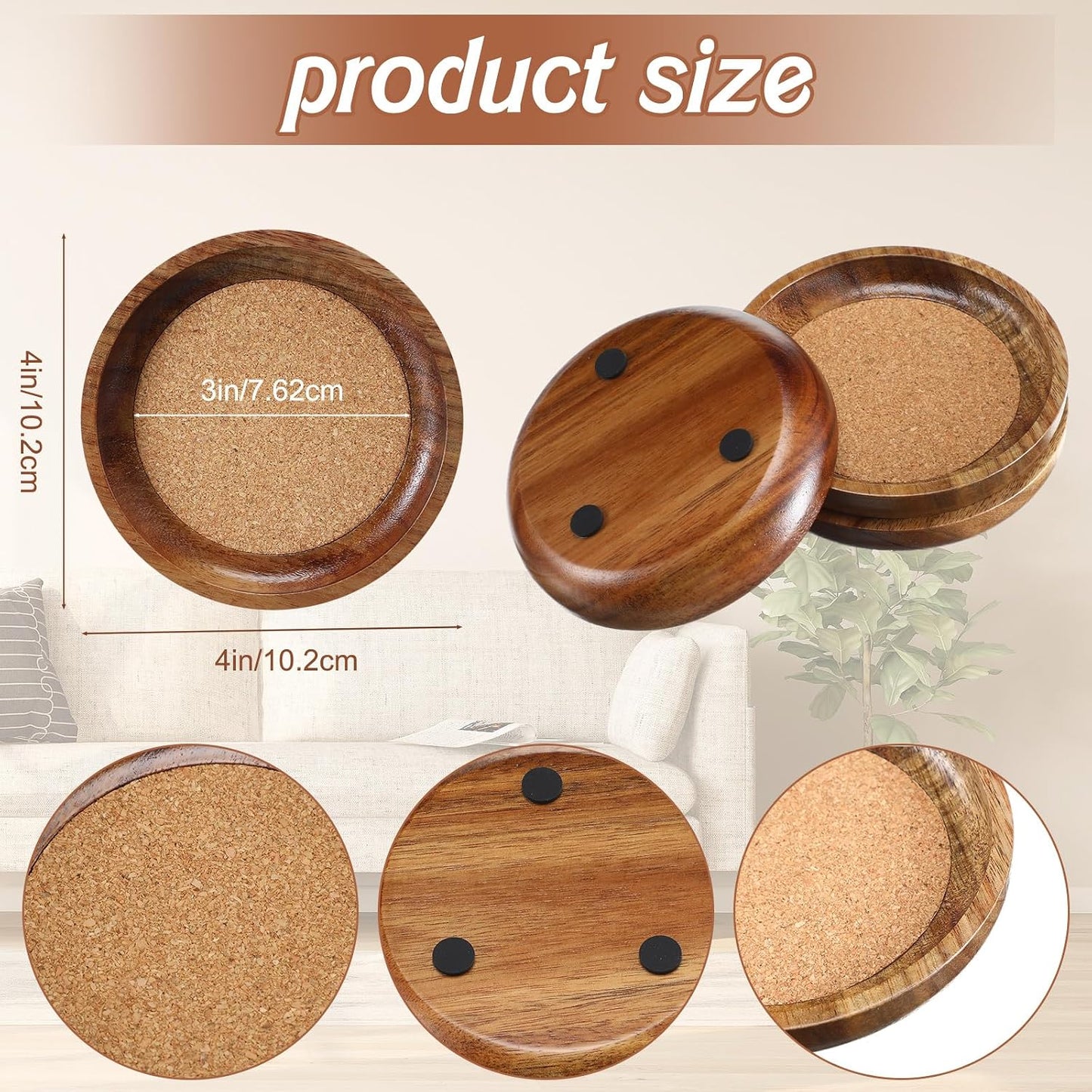 Acacia Wood Cork Coasters for Drinks Stackable Wooden Coasters Absorbent / 4 Inch / Set of 6