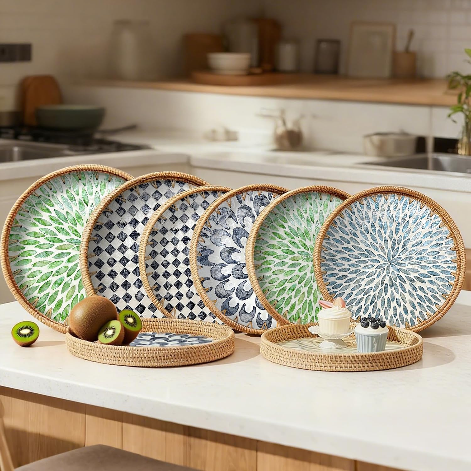 Woven Tray / Round Rattan Tray / 13.8 / Checkerboard