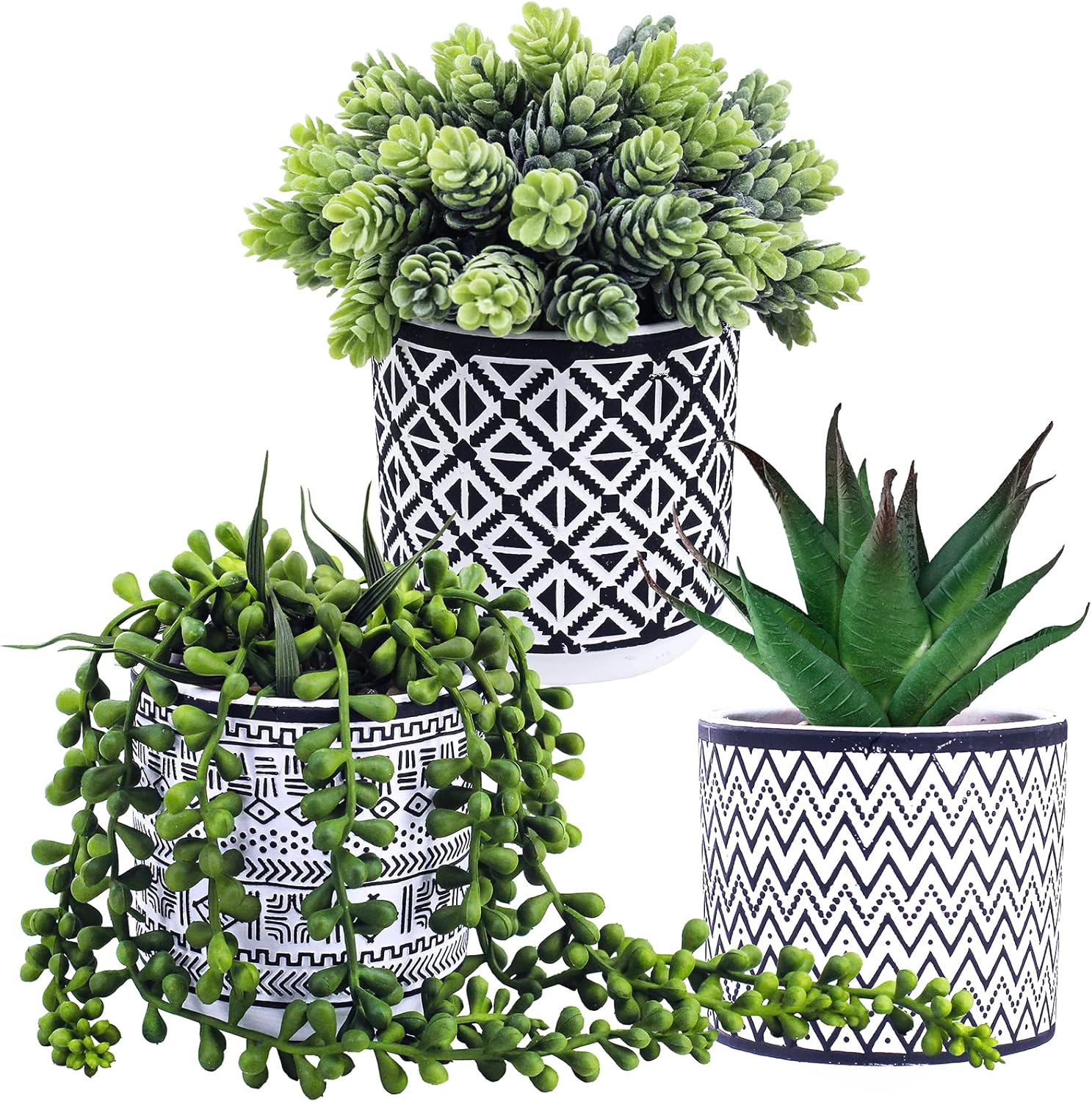 Small Potted Succulents Plants Artificial String of Pearls Aloe Hops Succulents / Black / Set of 3