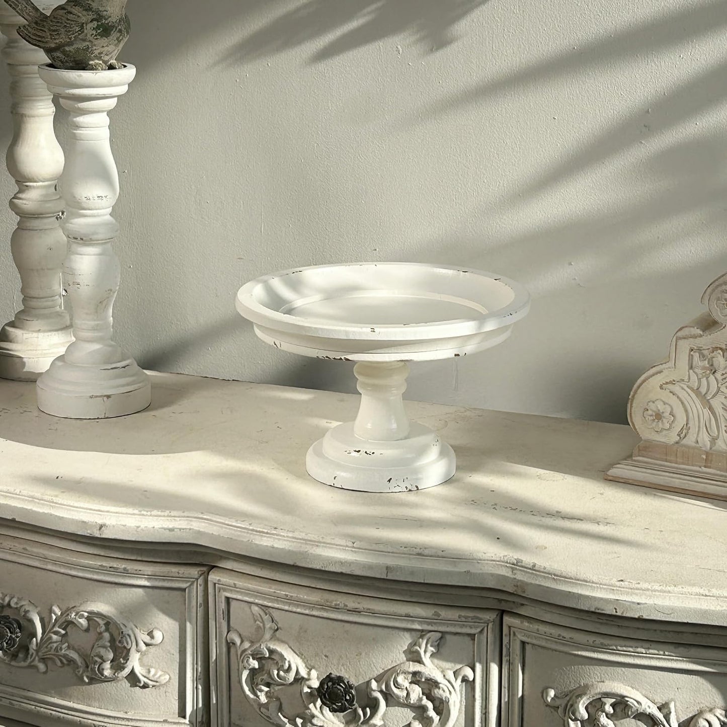 Rustic Wood Pedestal Tray Stand / White / 8.3 x 8.3 x 6.3