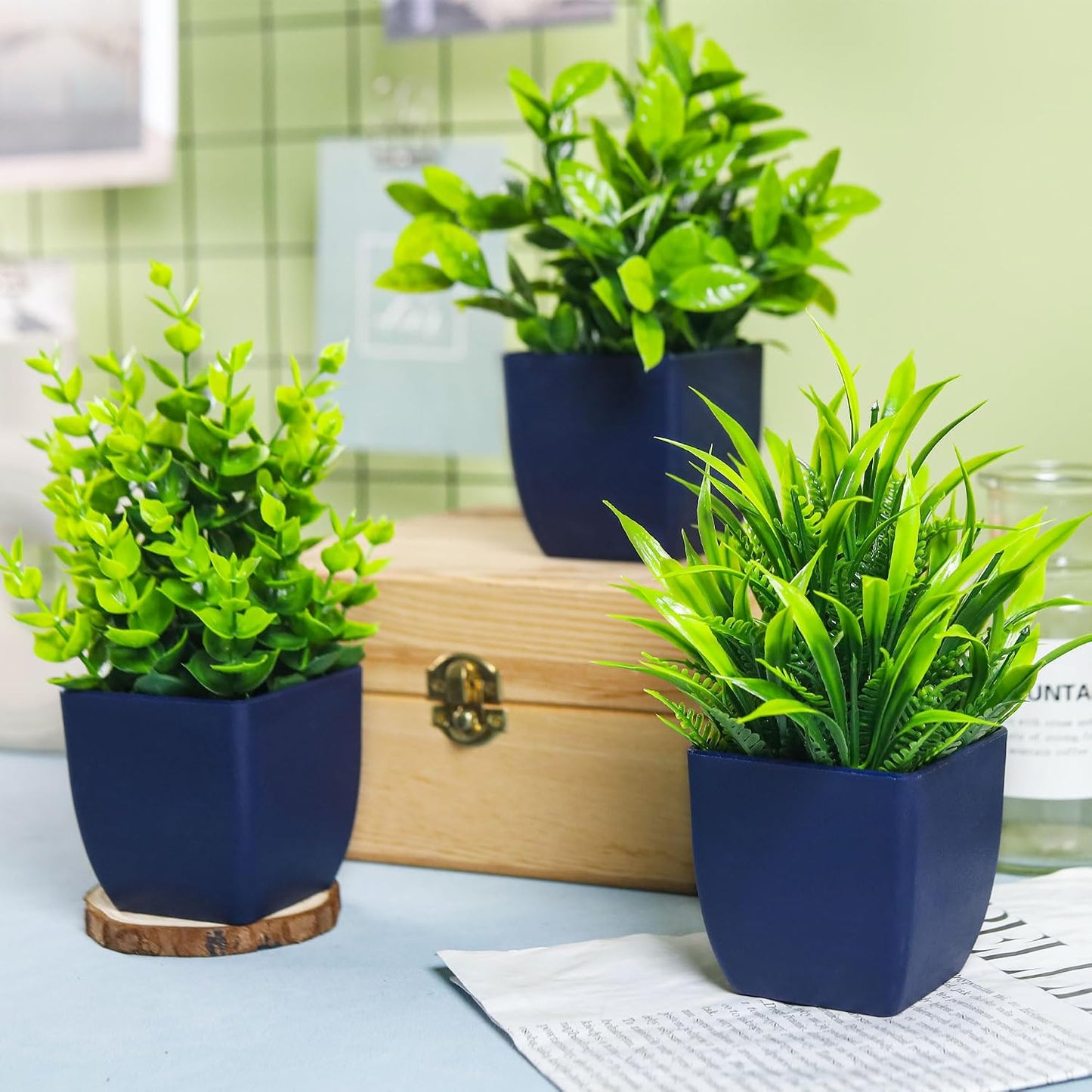 Fake Plants Small Artificial Plants in Blue Pots Faux Plants Indoor / 4-blue / Set of 4
