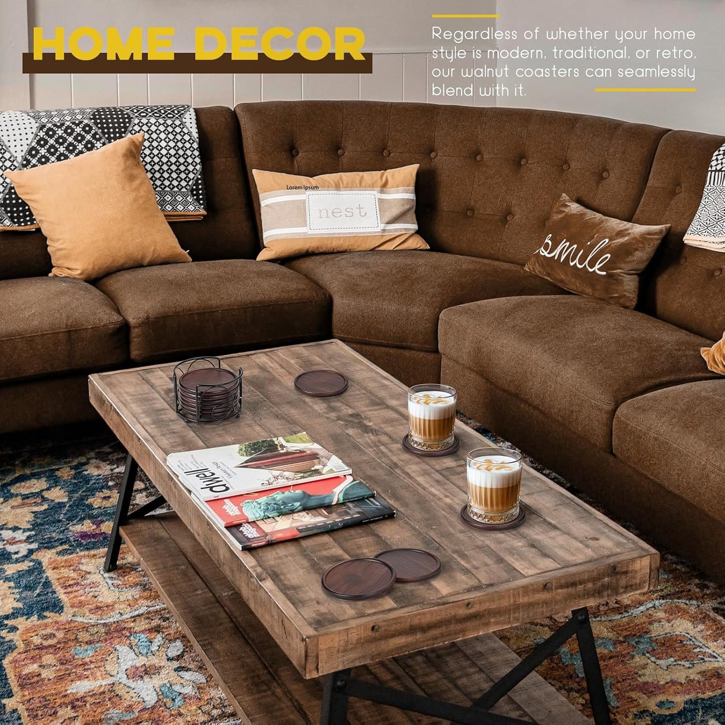 Walnut Wooden Coaster Tabletop Protection for Drinks Coffee Table / with Metal Holder / Set of 6