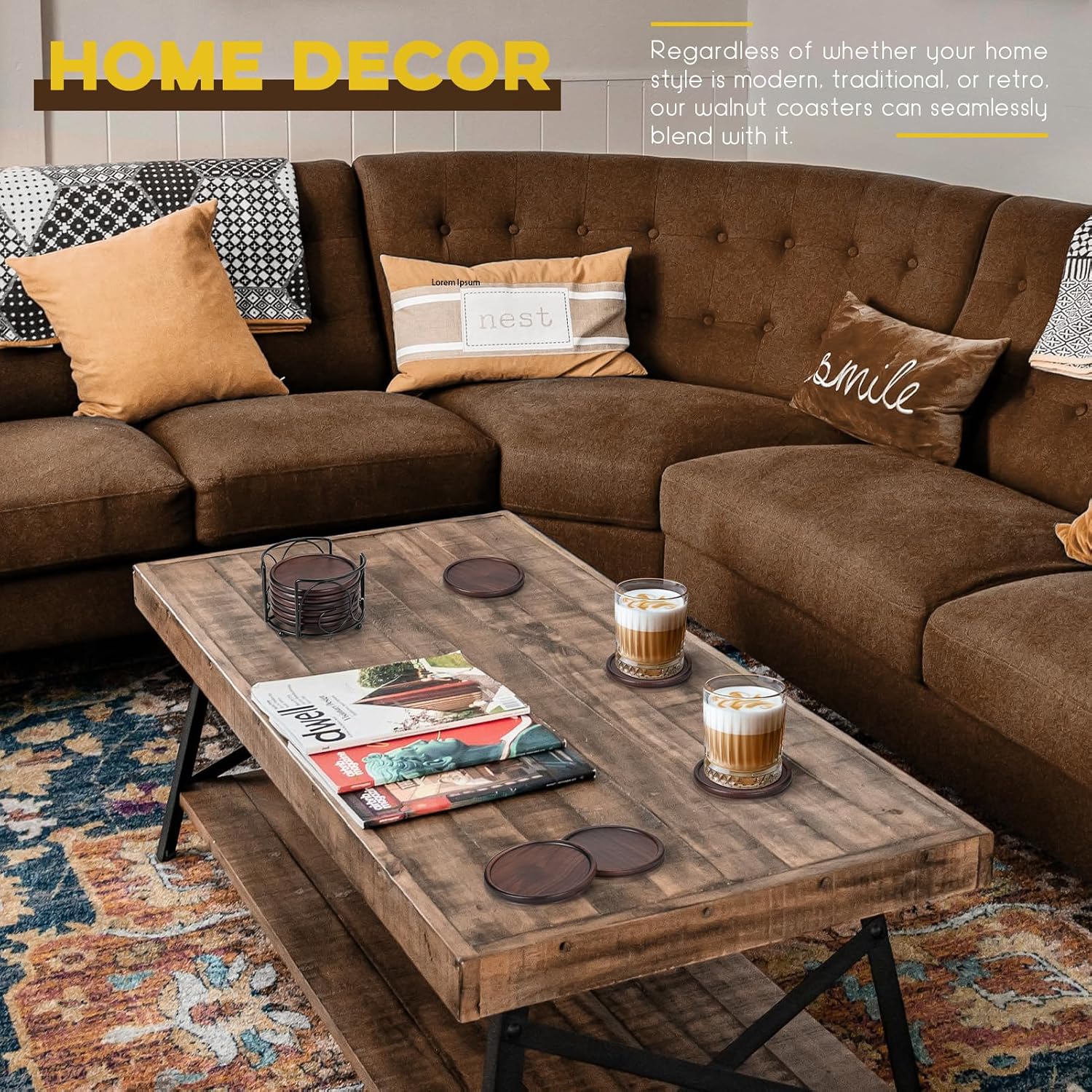 Walnut Wooden Coaster Tabletop Protection for Drinks Coffee Table / with Metal Holder / Set of 6