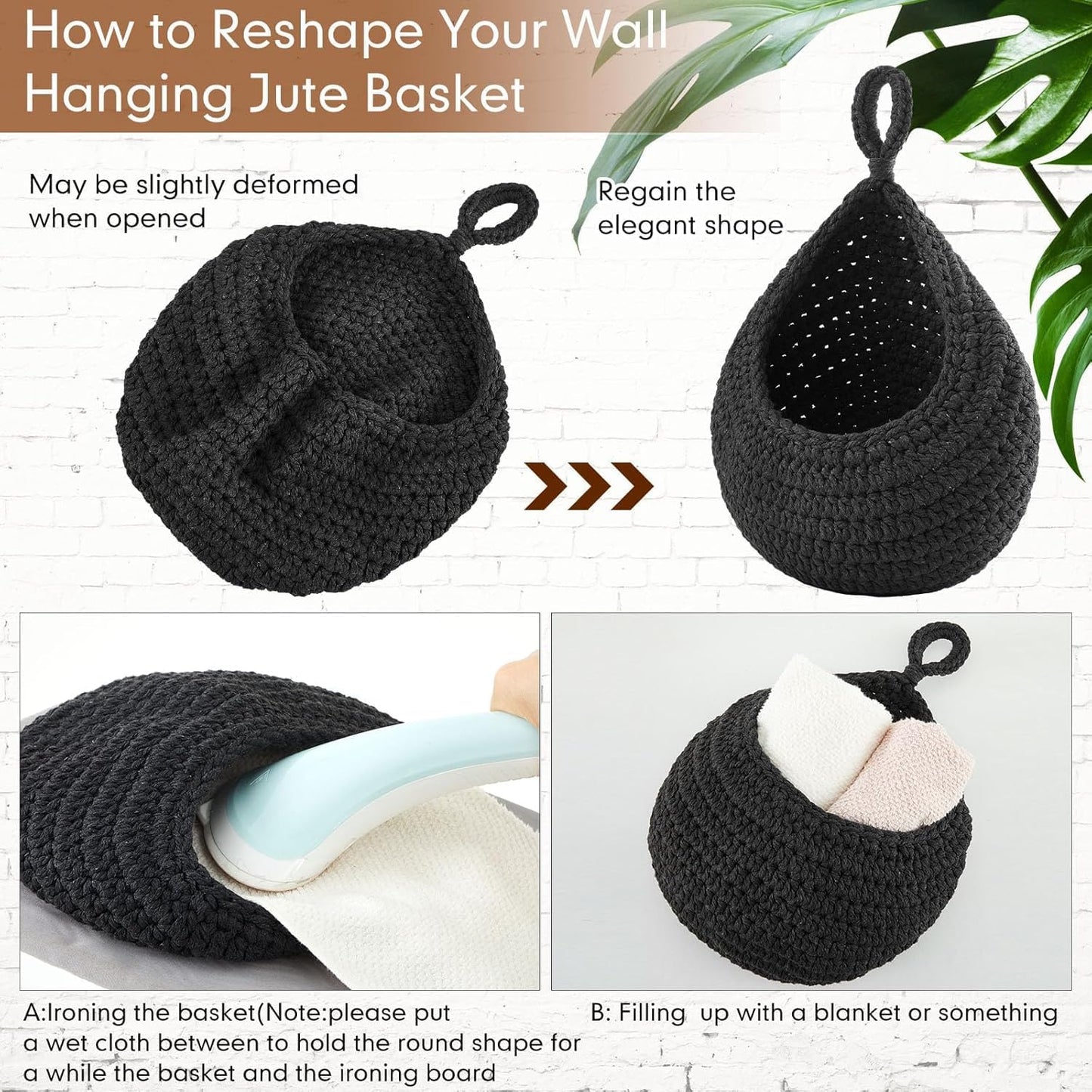 Boho Decor Hanging Wall Baskets / Black / Cotton Rope / Teardrop / Set of 3