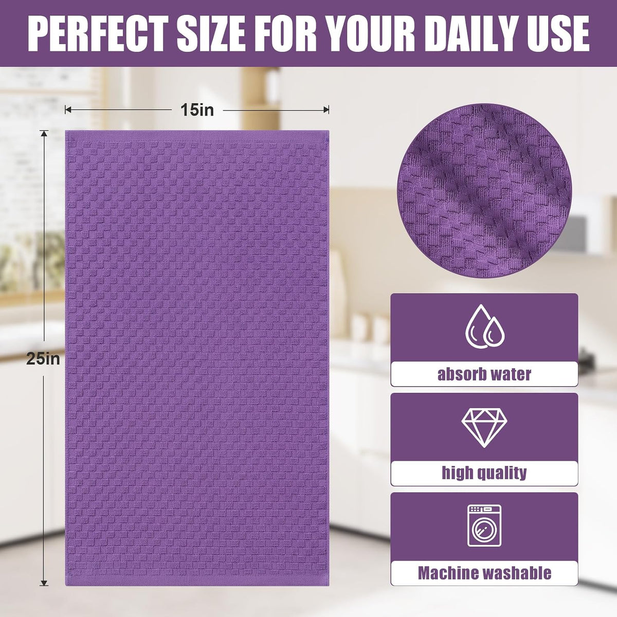 Homaxy 100% Cotton Terry Kitchen Towels(15" x 25", 12 Pack), Purple | Soft and Super Absorbent Dish Towels, 380 GSM