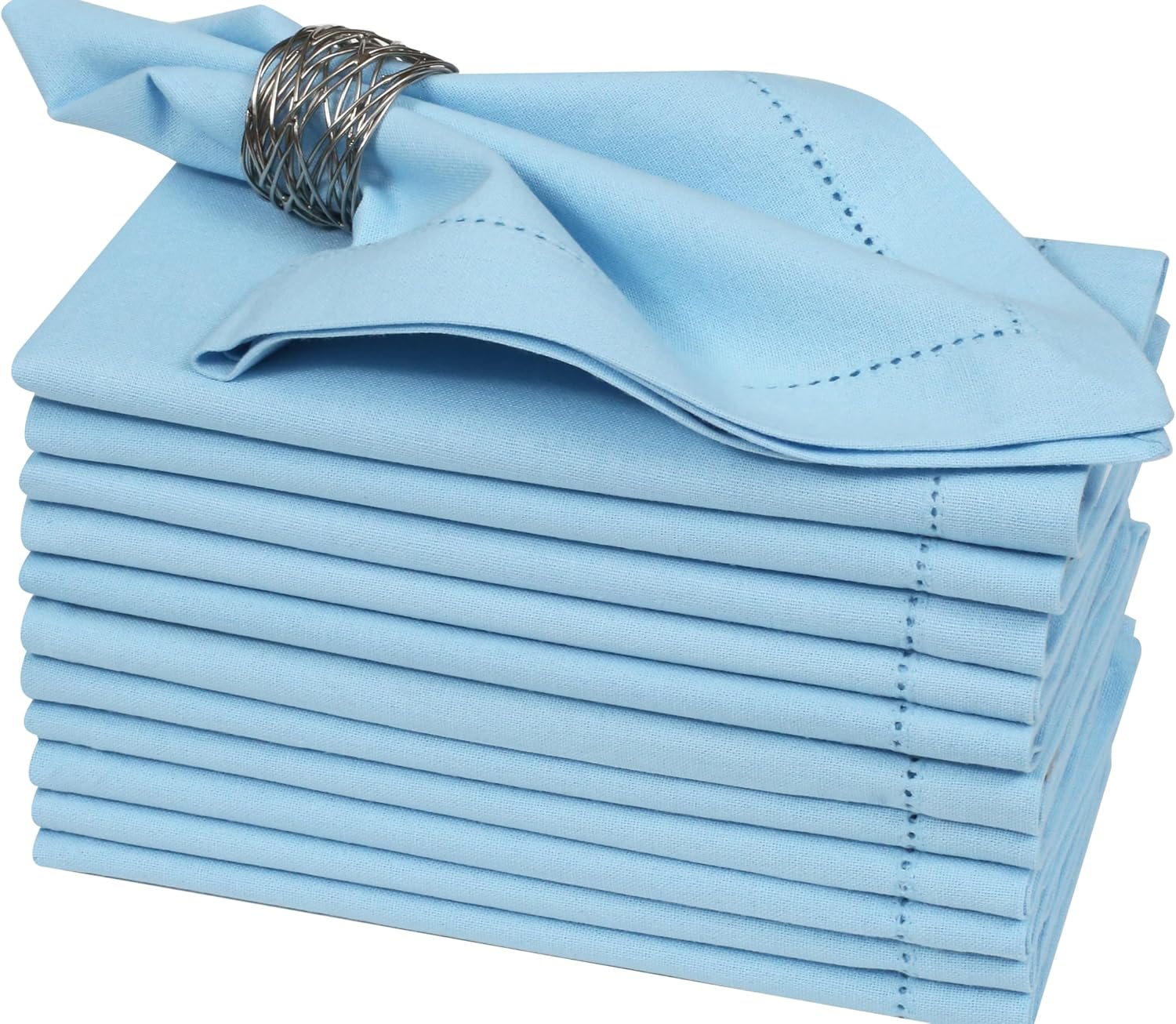 Bedding Craft Cloth Dinner Napkins Set of 12 – 18x18 Airy Blue Linen-Look Hemstitched – Soft Machine Washable Reusable