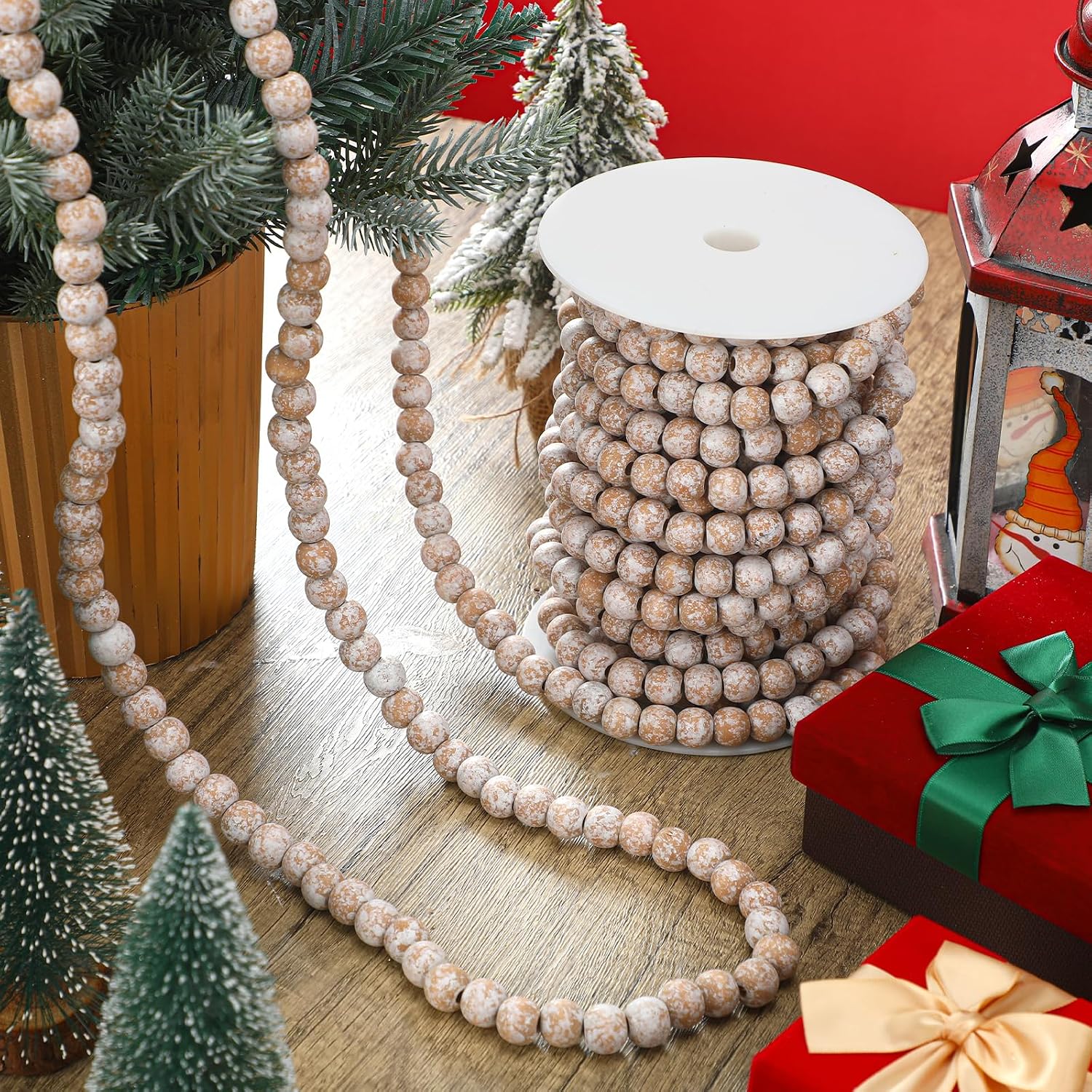 Giegxin 2 Pcs Wood Bead Garland 66 Feet Rustic White Farmhouse Christmas | Rustic Wooden Beaded Garland for Tree Tier