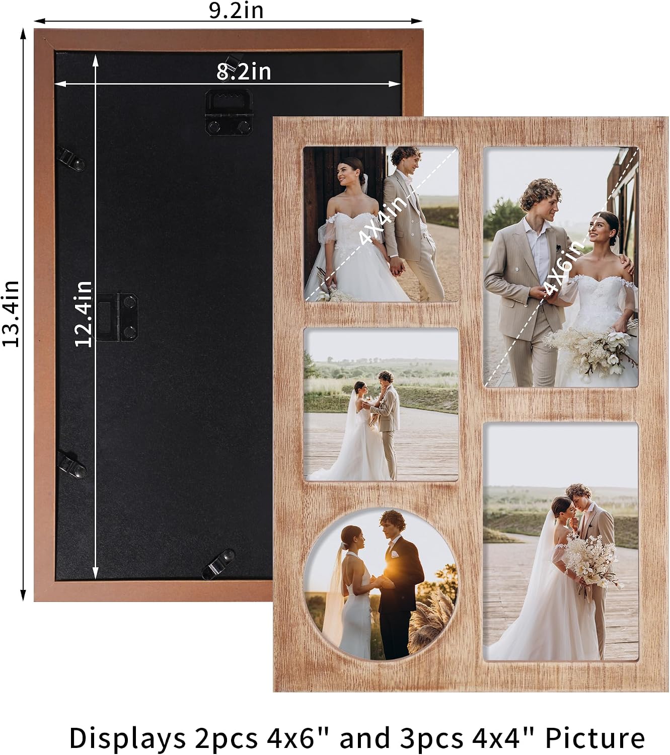 YESKAY 4x6 and 4x4 Collage Picture Frame, Display 5 Openings Photo Frames, Rustic Brown Wood Frame with Real Glass