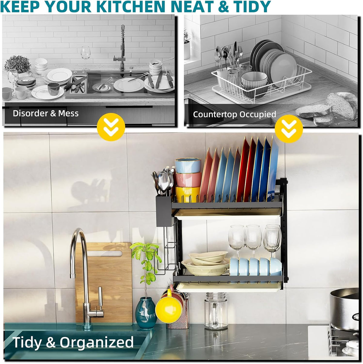 Hanging Wall Mounted Dish Drying Rack, Cutting Board Rack*1, Hook*4, Drain Tray*2, Apartment & RV Wall Mounted Dish