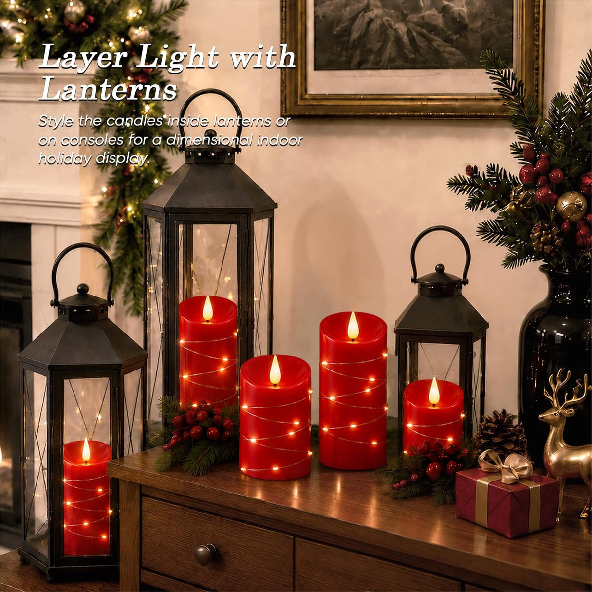 Homemory Red Flameless Candles with String Lights, 3 Pack Real Wax LED Pillar Candles with 3D Wicks, Battery Operated