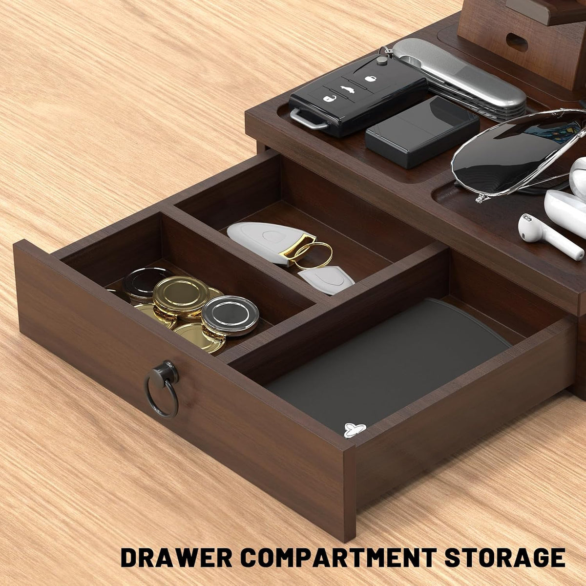 Wood Phone Docking Station, Nightstand Organizer with Drawer | Bedside Table Organizer for Watch & Accessories
