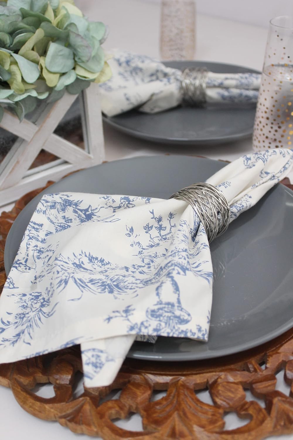 COTTON CRAFT Cloth Napkin - French Country Toile 12 Pack 100% Cotton Napkin | 18x18 inches - Blue - Soft Absorbent