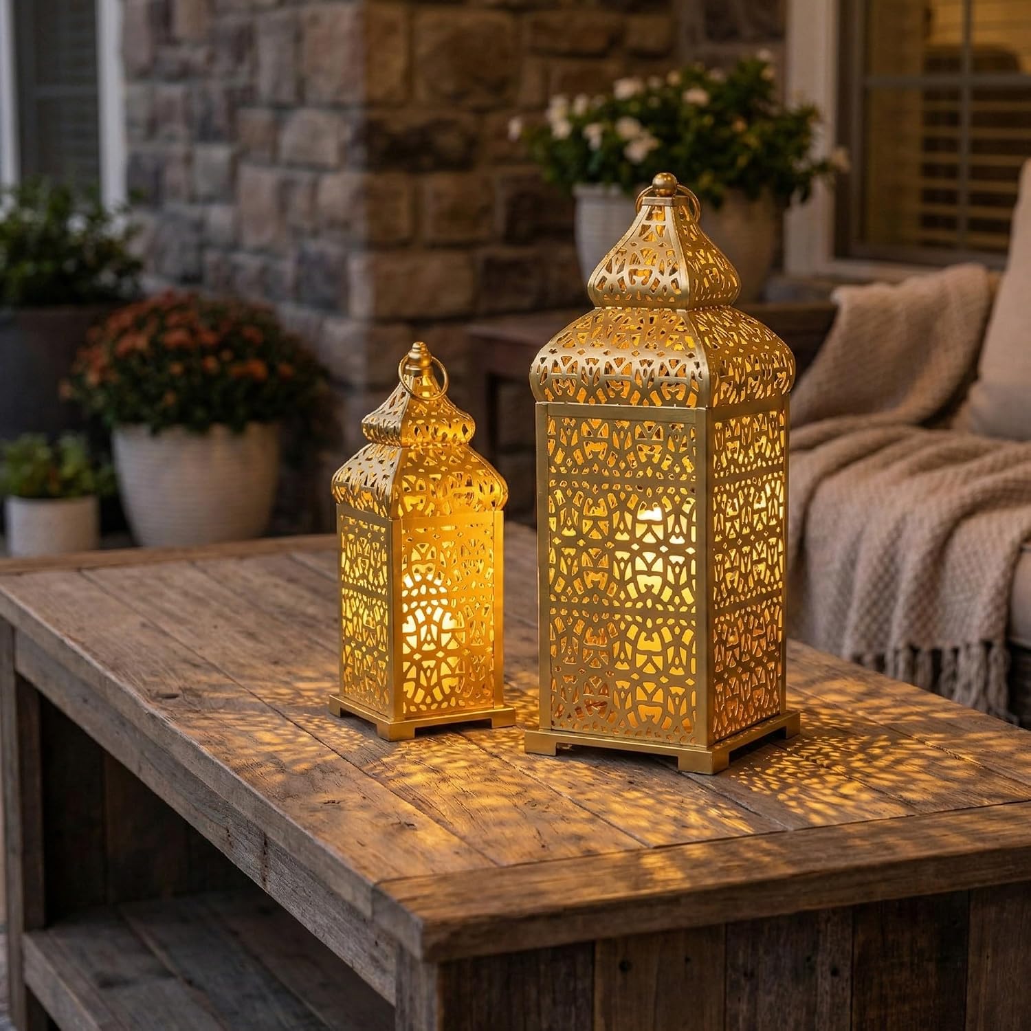 Vela Lanterns Decorative Indoor Moroccan Candle Holders, Gold, Set of 2 | Ramadan, Eid & Islamic Home Decor, Large