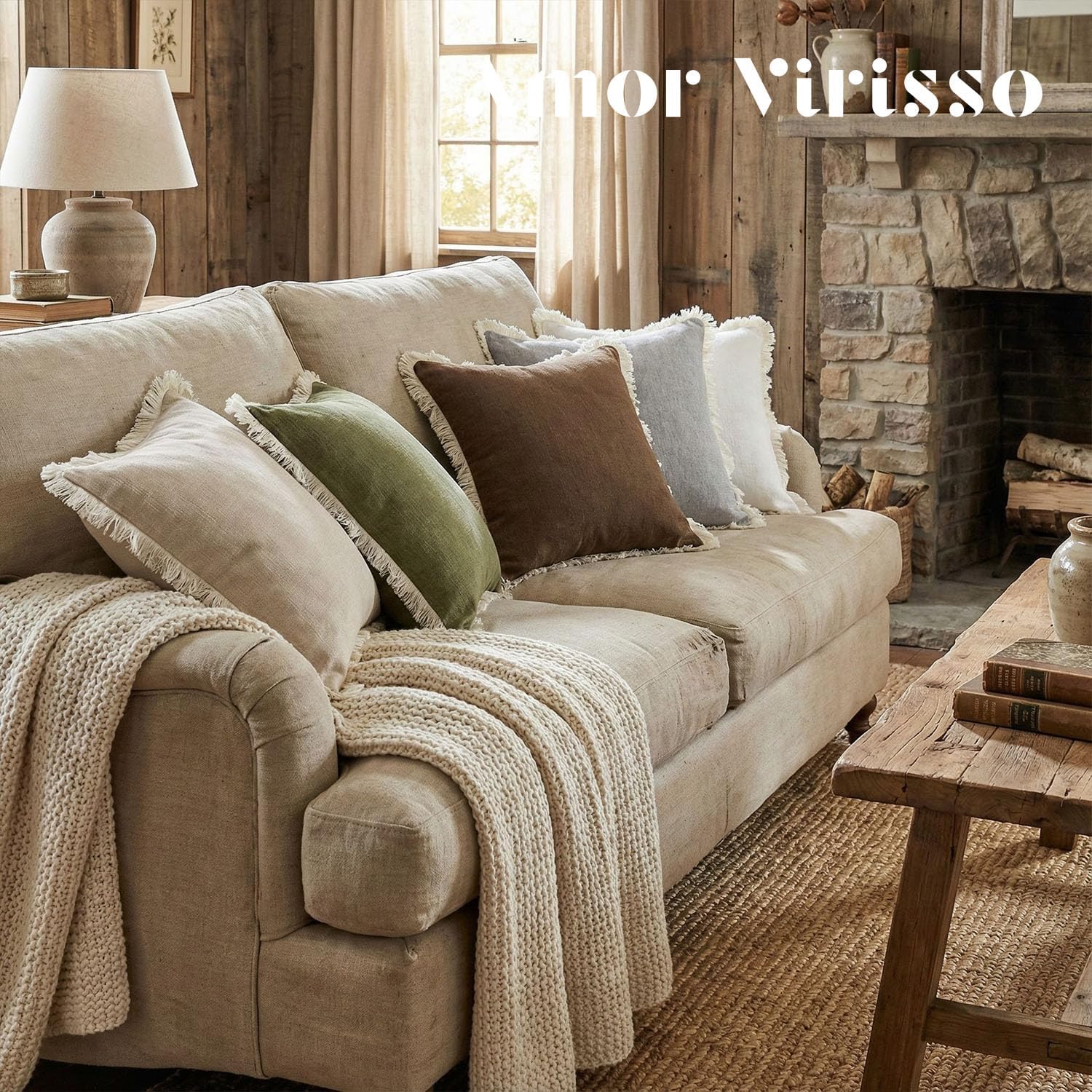 Fringe Throw Pillow Covers Boho Farmhouse Decorative Pillow Covers / Neutral / 18 x 18 / Set of 2