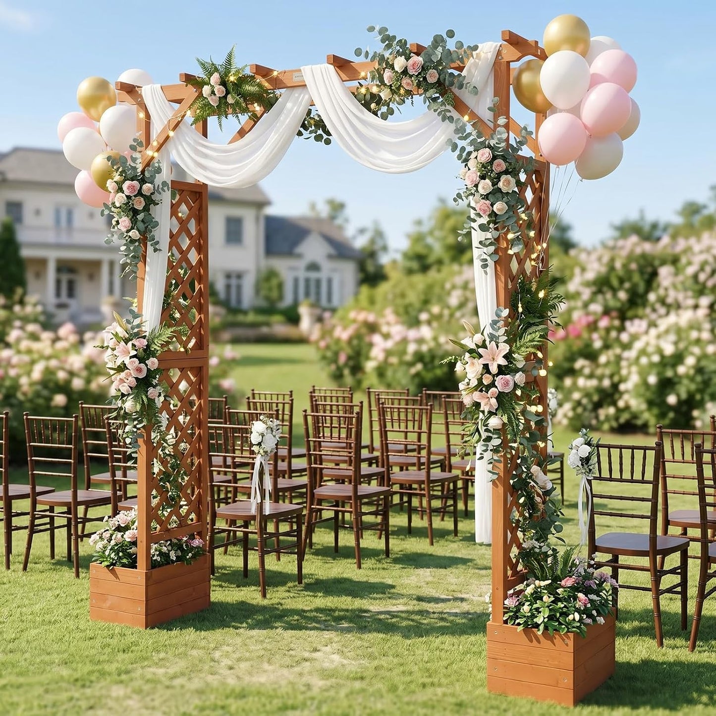 VINGLI Wooden Garden Arbor with Planter, Wedding Arch for Ceremony, Wood Garden Arbour Trellis for Plant Climbing