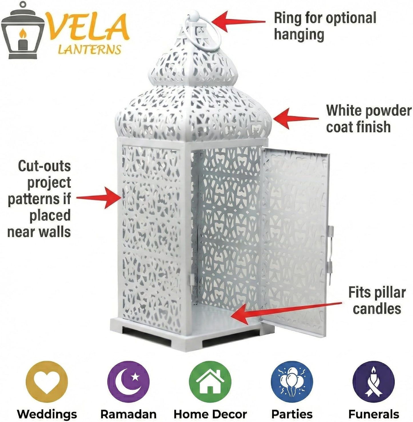 Vela Lanterns Decorative Indoor Moroccan Candle Holders, White, Set of 2 | White Wedding Centerpieces, Ramadan
