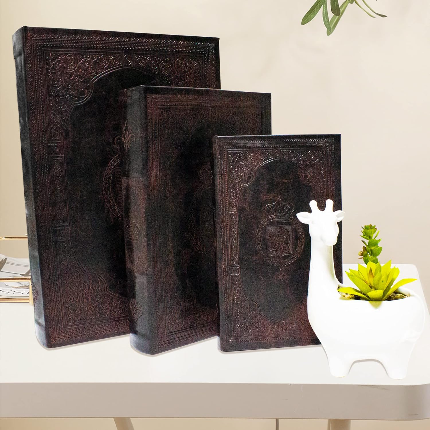 Vintage Style Book Shaped Storage Box / Leather Embossed Cover / Set of 3