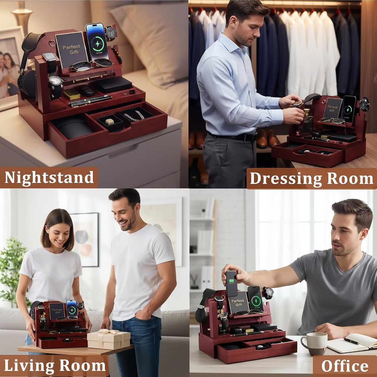 Nightstand Organizer for Men with Large Drawer, Wood Phone Docking Station for Phone, Apple Watch, Wallet & Keys, Ideal