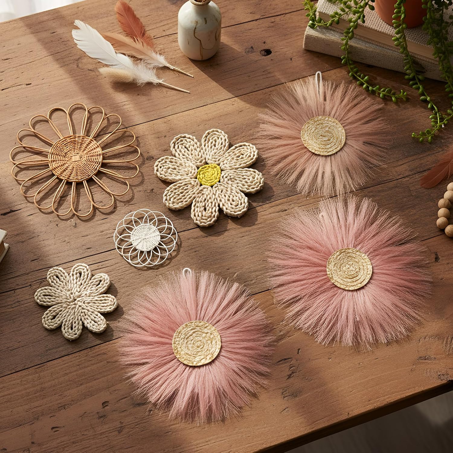 Boho Wall Basket Decor Rattan Flower Wall Decor Nursery Daisy Flower Woven / Dark Pink / Set of 7