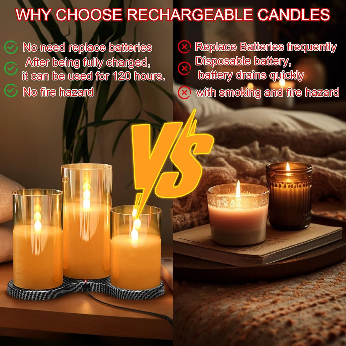 GenSwin Glass Rechargeable Flameless Candles with Remote & Charging Base | Gold, Timer, Battery Operated LED Candles