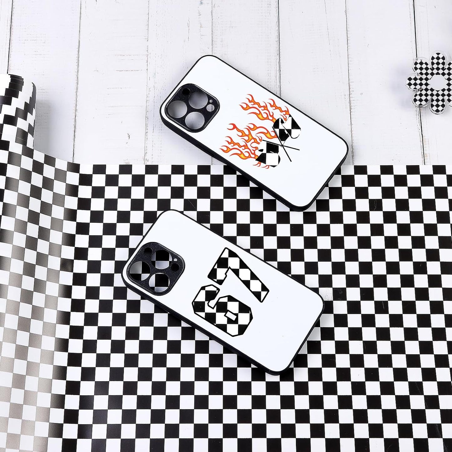 12'' x Racing Falg Patterned Adhesive Vinyl for Mugs Decors Self Adhesive / Checked / Black / 8 Inch