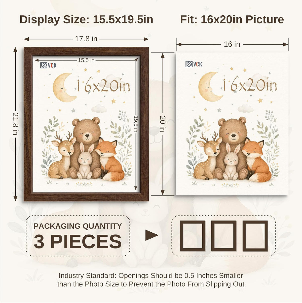 VCK 16x20 Picture Frames Set of 3, Brown Woodgrain, Wall Hanging | Wide Border, Exclusive Woodgrain, Shatterproof