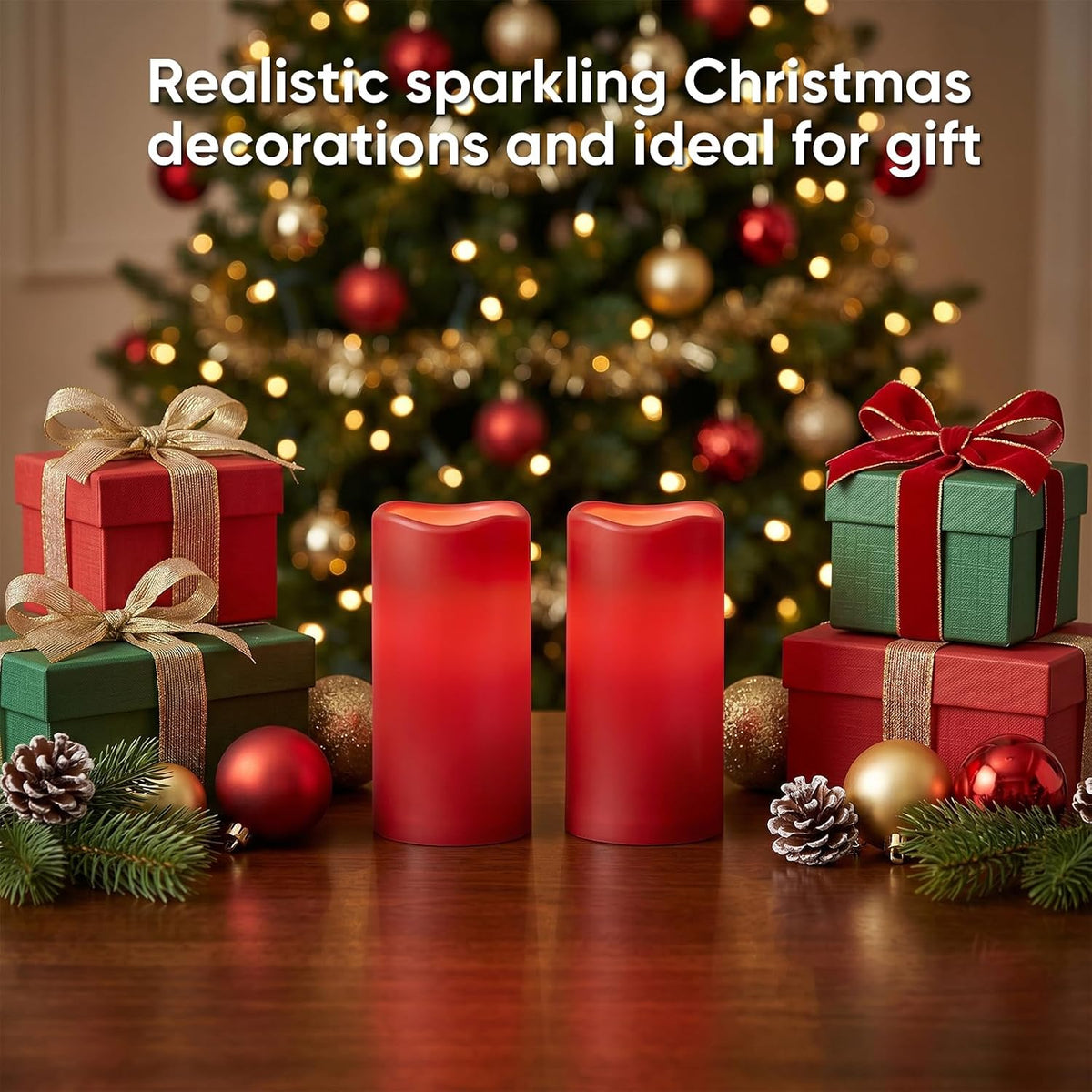 Amagic 3"x6" Red Flameless Candles with Remote, Christmas Candles Battery Operated with Timer, Waterproof LED Pillar