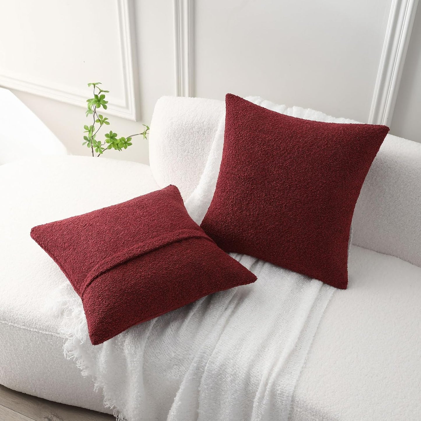 Decorative Throw Pillow Covers Soft Solid Boucle Textured Cushion / Burgundy / 18 x 18 / Set of 2