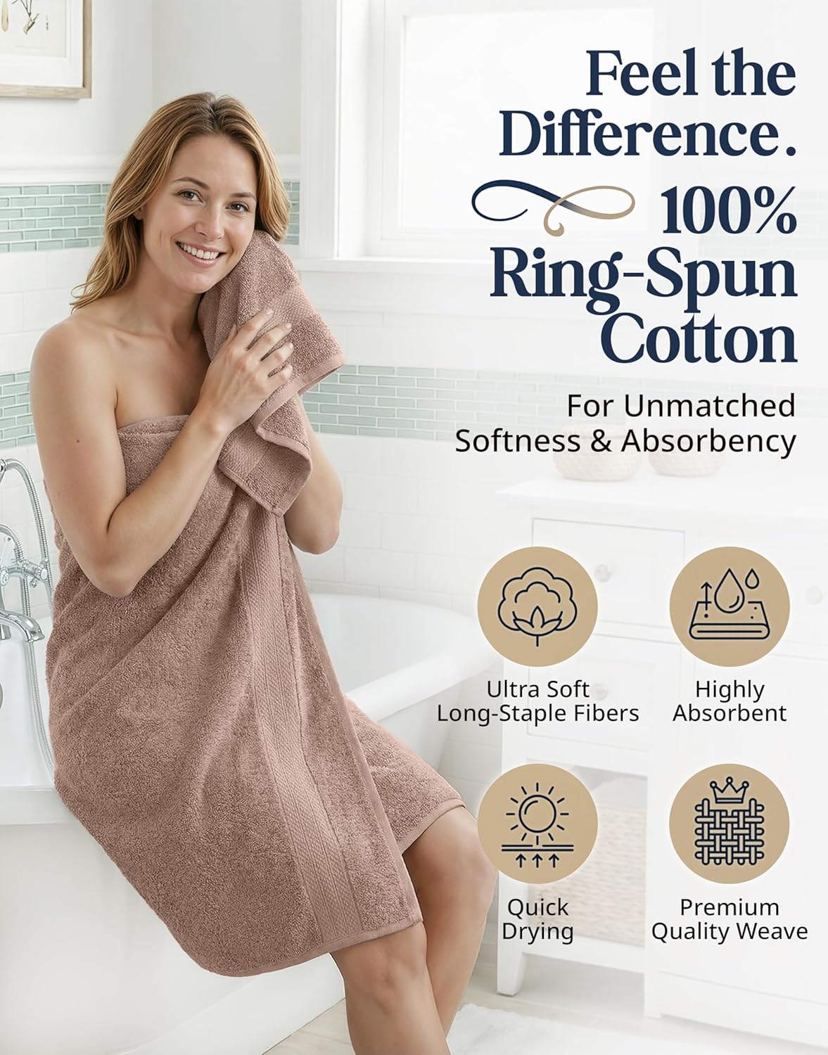 LANE LINEN Bath Towel Set Quick Dry 100% Cotton 6 Piece Soft - Taupe | Cotton Bath Towels - Classic Terry Weave