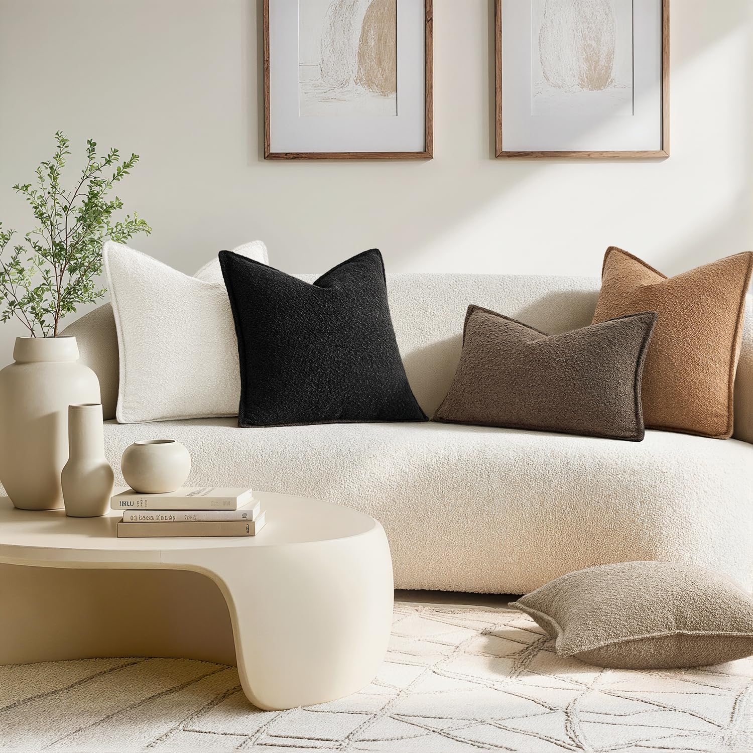 Decorative Textured Boucle Throw Pillow Covers Broadside Thick Boho / 18 x 18 / Brown / Set of 2