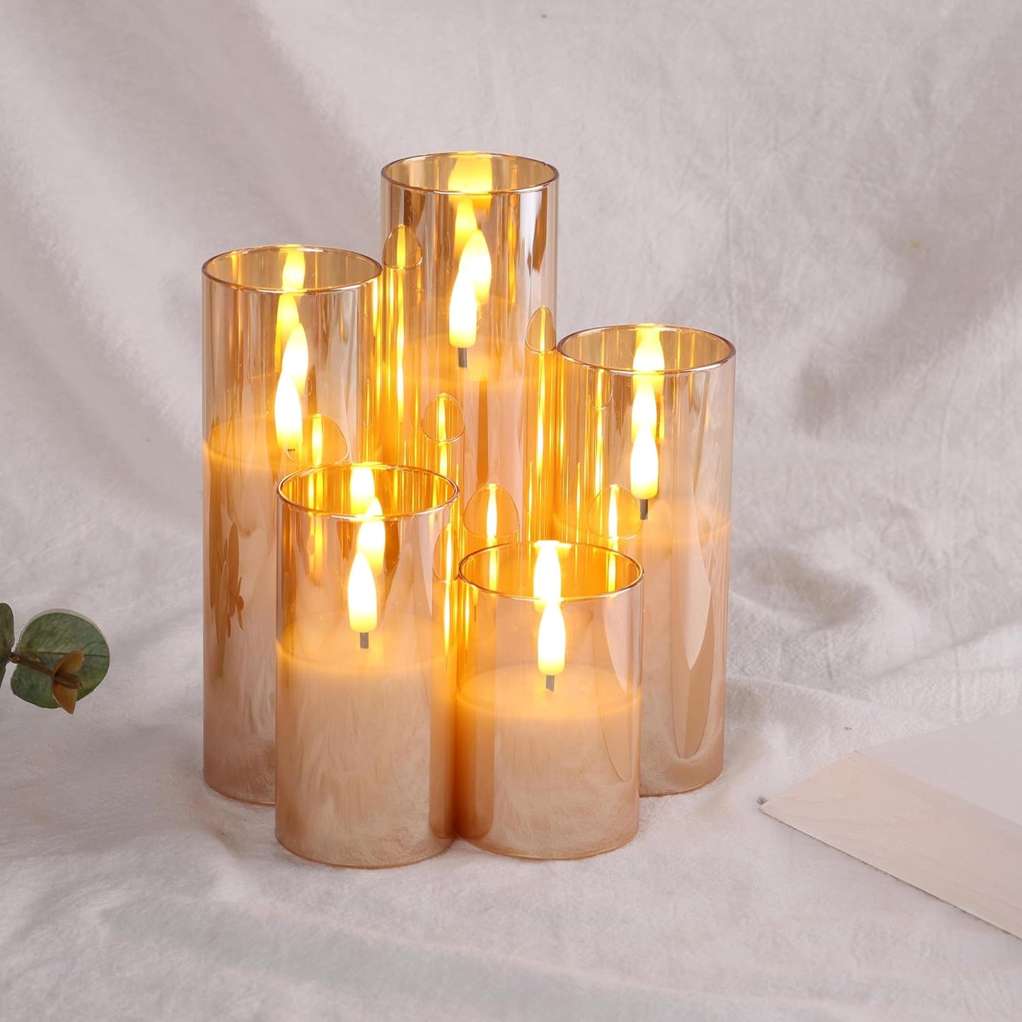 Amber Gold Glass Flameless Pillar Candles with Remote Set of 5 | Flickering Fall LED Candles, Batteries Included