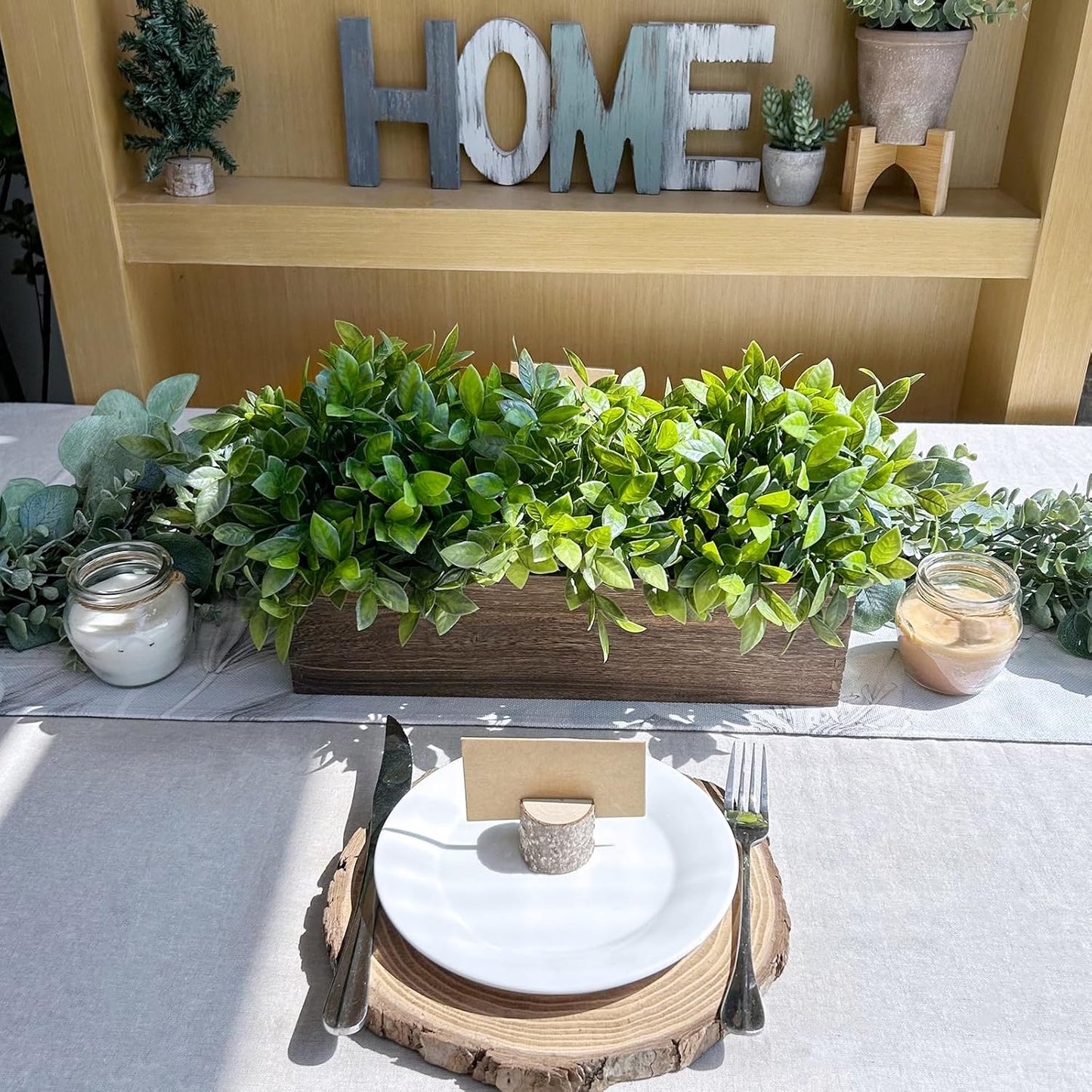14" Artificial Boxwood Plants in Rectangular Wood Planter Farmhouse Greenery / Boxwood In Natural