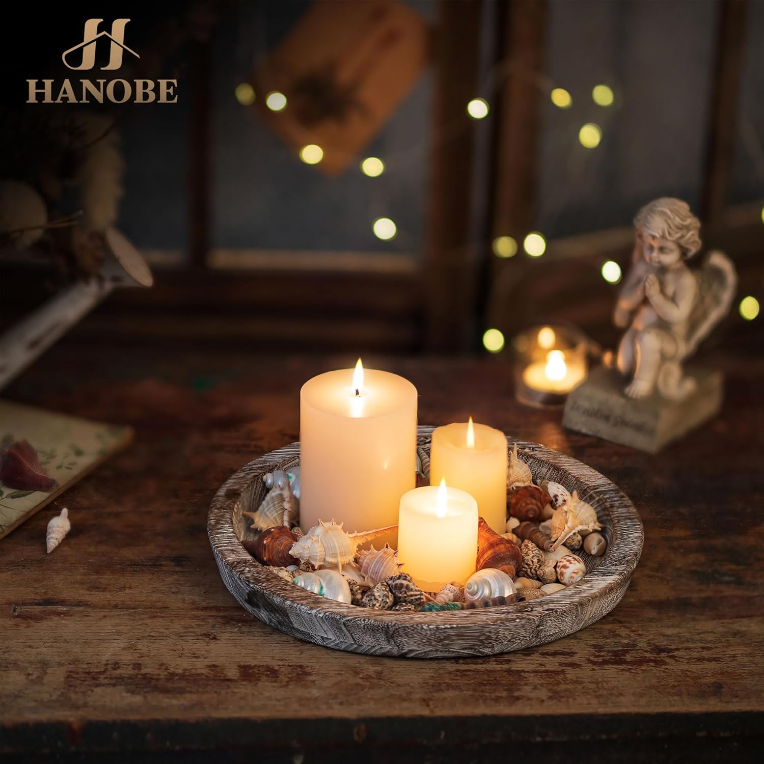 Round Wood Decorative Candle Plate / Whitewash